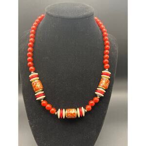 Vintage Asian-Inspired Red Gold Beaded Necklace
